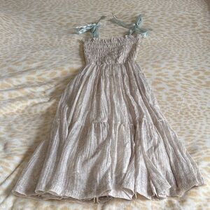Adorable Cream Smocked Dress with Green Ribbon Straps Size L